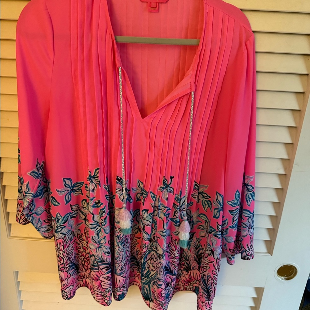 Lilly Pulitzer Pink Pleated Bell Sleeve Tunic